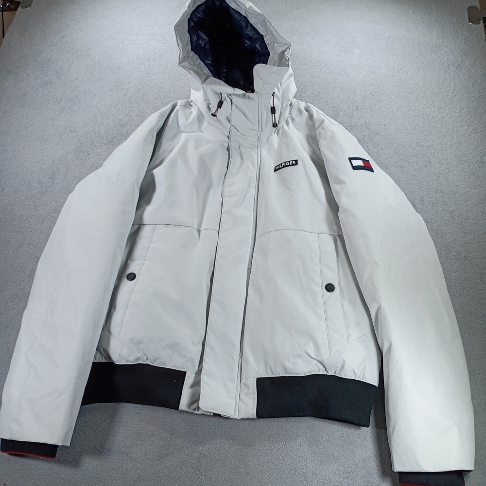 Tommy Hilfiger Mens Puffer Jacket White Large Hooded Insulated Coat